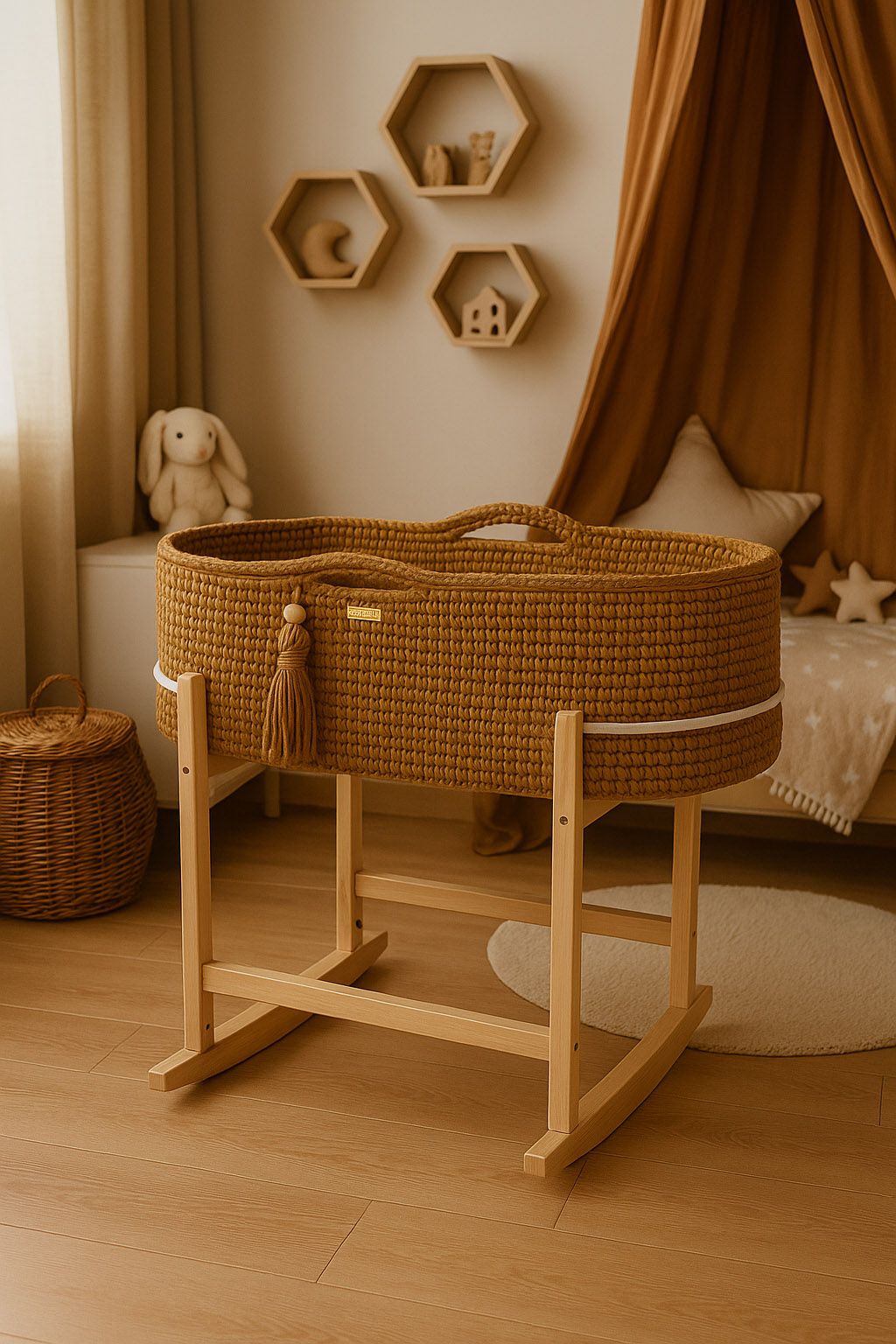 Moses basket BOHO Handmade with cradle - caramel