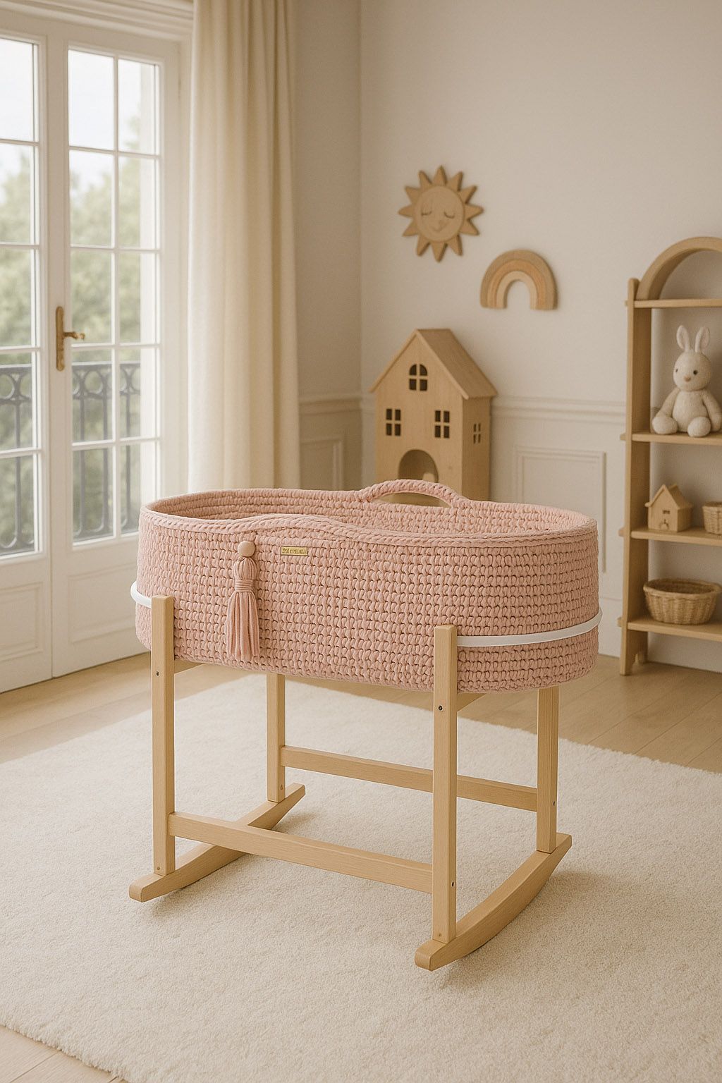Moses basket BOHO Handmade with cradle - pastel pink