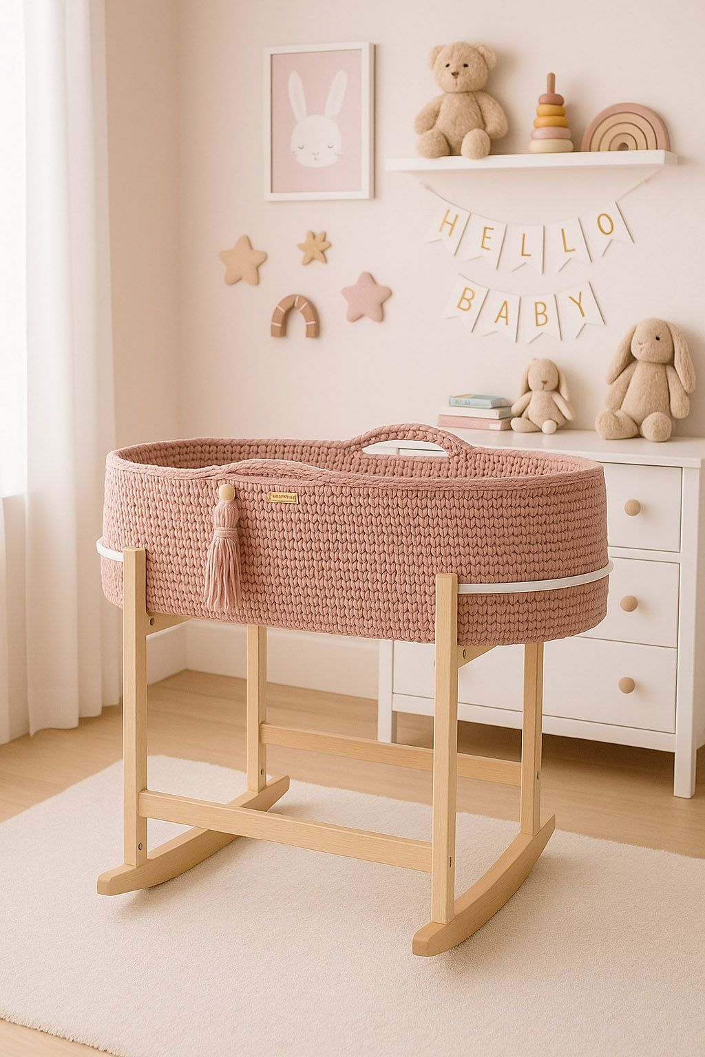 Moses basket BOHO Handmade with cradle - pastel pink