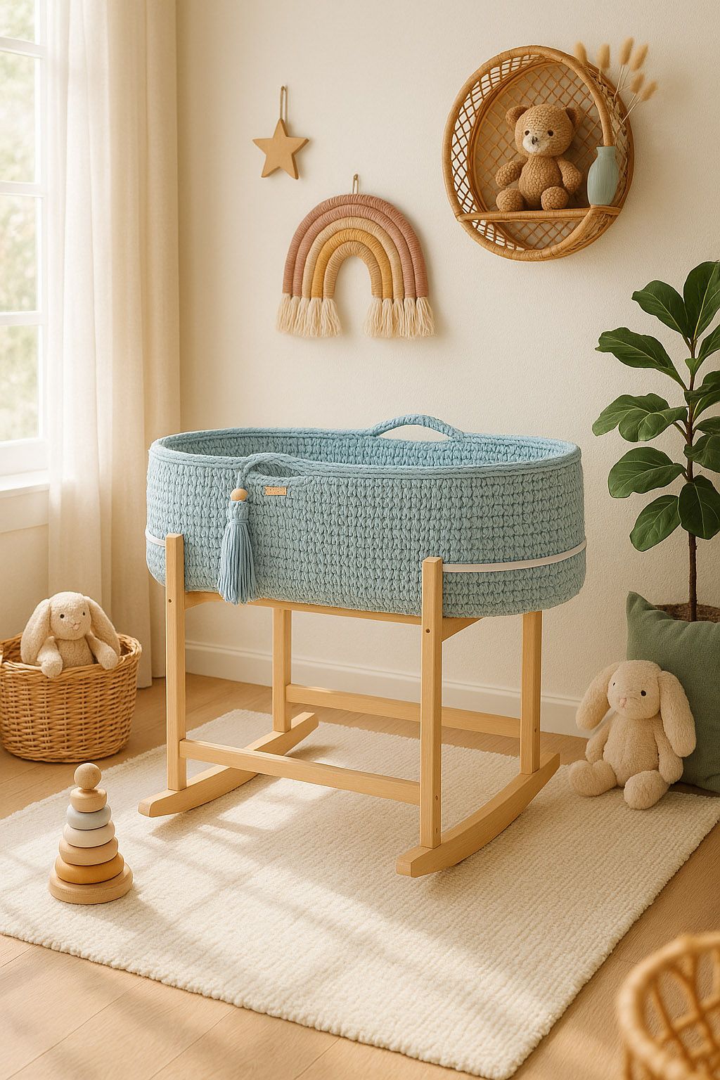 Moses basket BOHO Handmade with cradle - misty blue