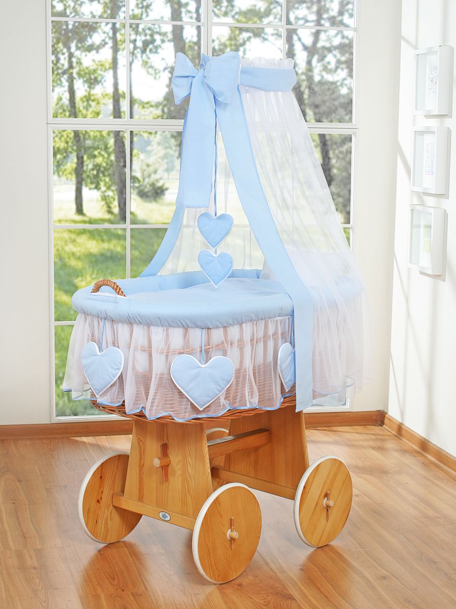 Moses Basket Wicker drape crib Amelie - natural + blue bedding