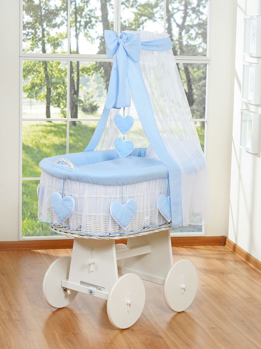 Moses Basket Wicker drape crib Amelie - white + blue bedding