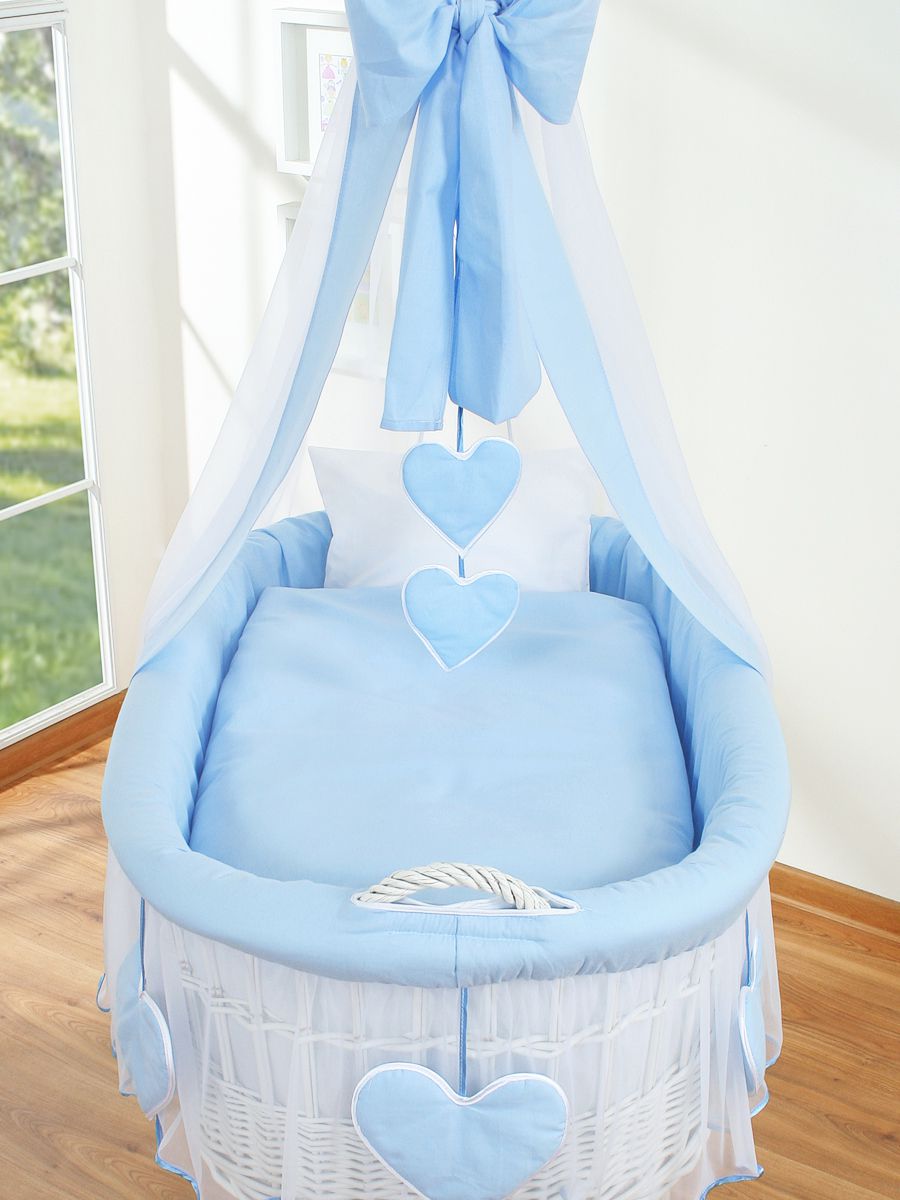 Moses Basket Wicker drape crib Amelie - white + blue bedding