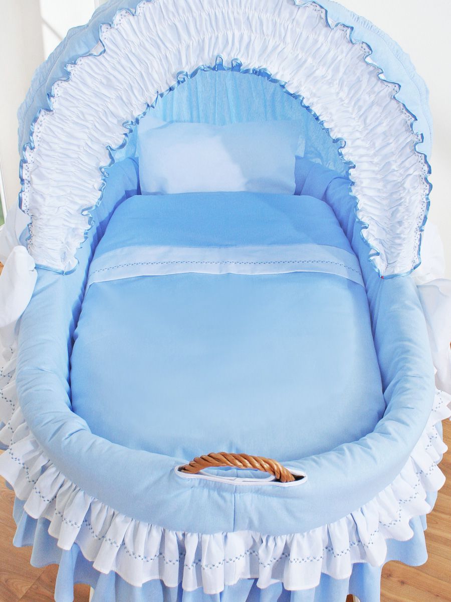Moses Basket Wicker hood crib Bellamy - natural + blue bedding