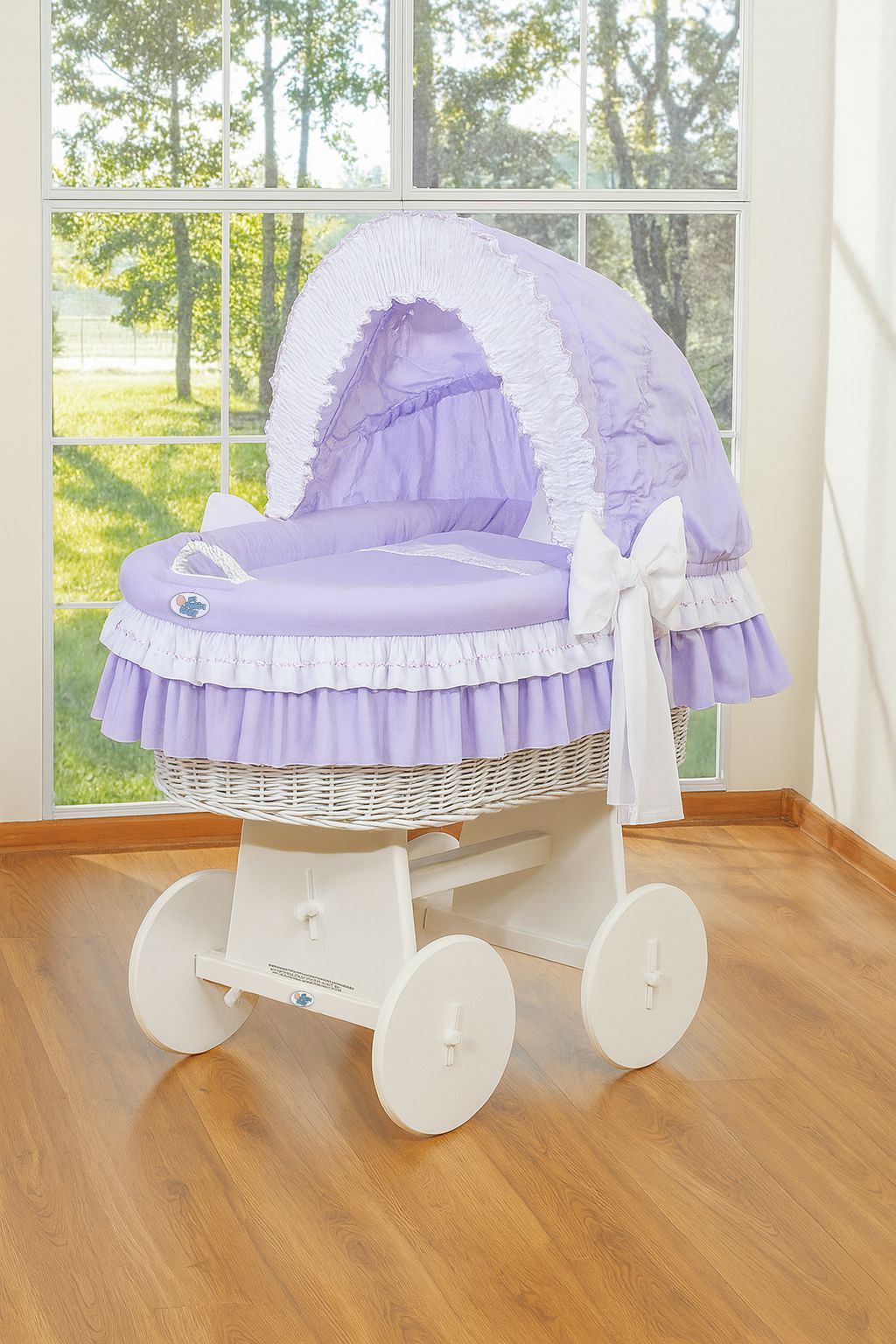 Moses Basket Wicker hood crib Bellamy - white + lila bedding