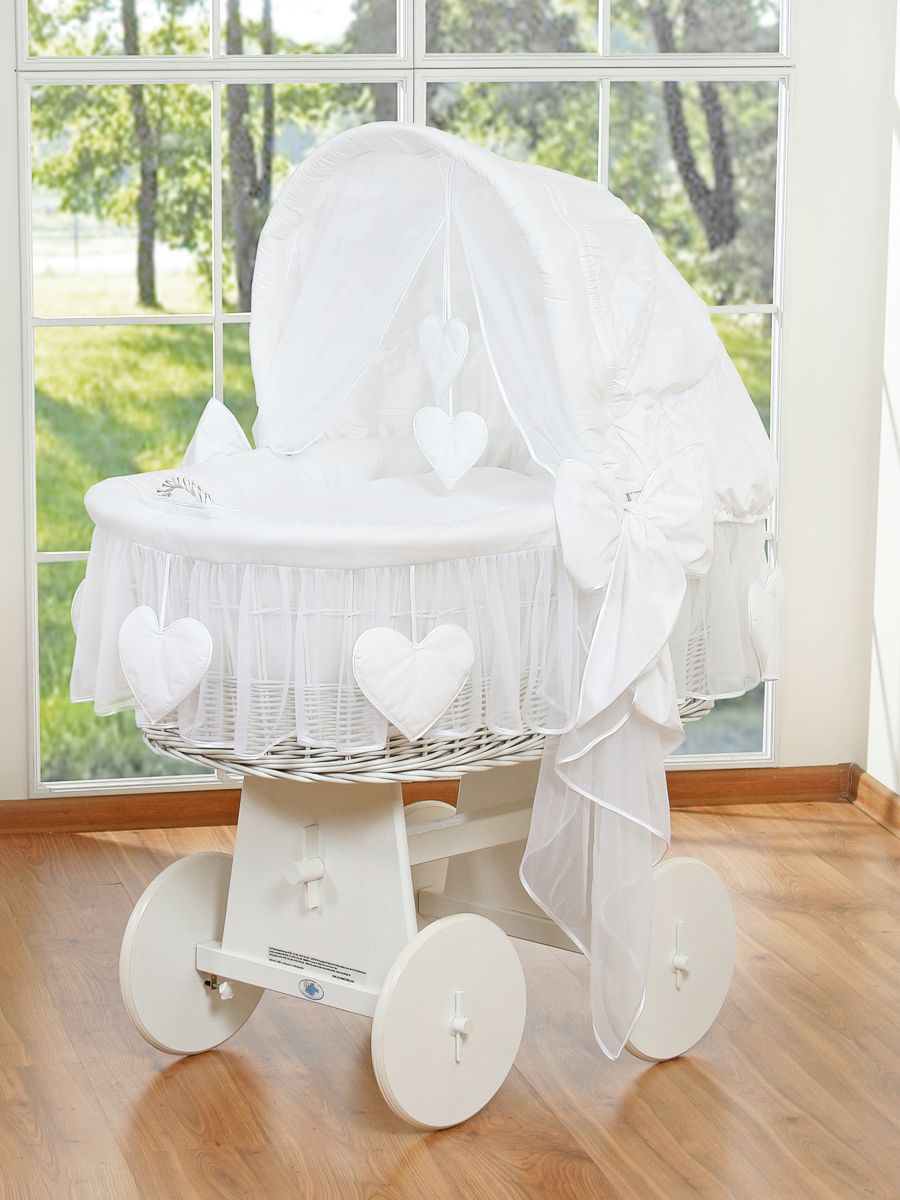 Moses Basket Wicker hood crib Amelie - white + white bedding