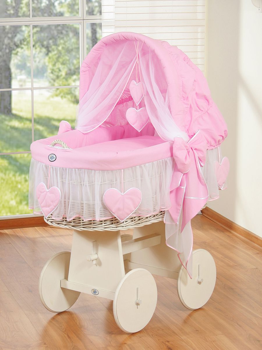 Moses Basket Wicker hood crib Amelie - white + pink bedding