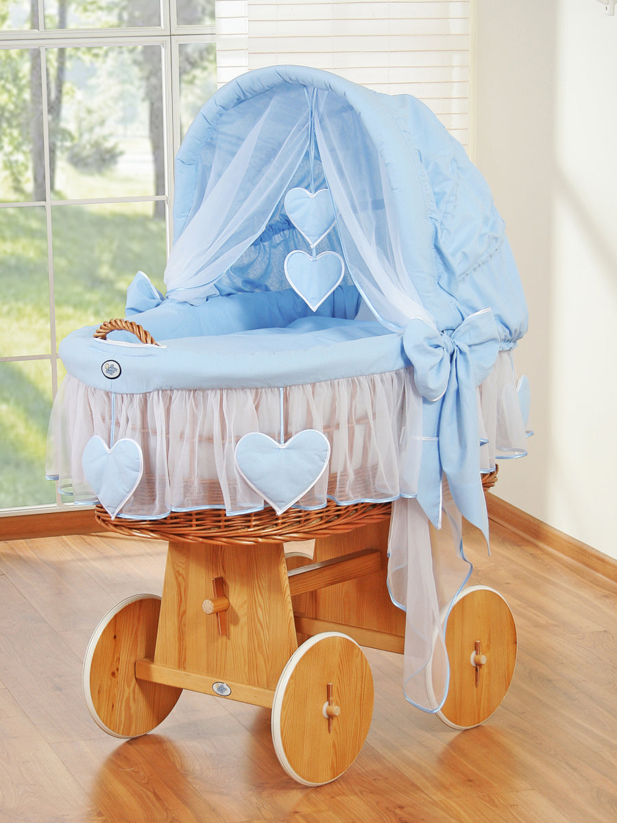 Moses Basket Wicker hood crib Amelie - natural + blue bedding