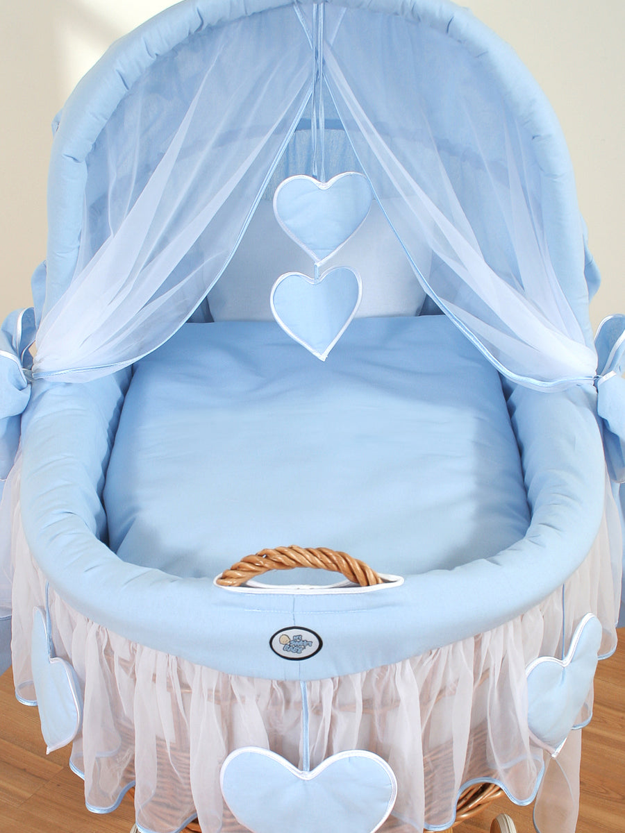Moses Basket Wicker hood crib Amelie - natural + blue bedding