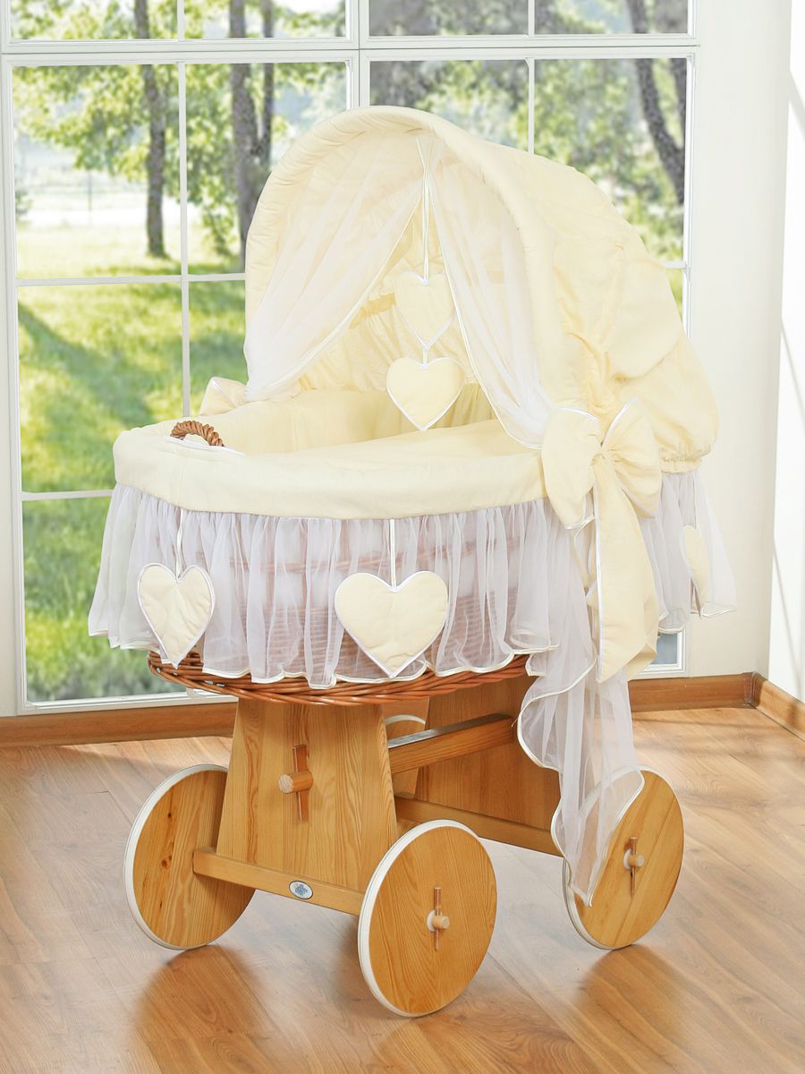 Moses Basket Wicker hood crib Amelie - natural + cream bedding