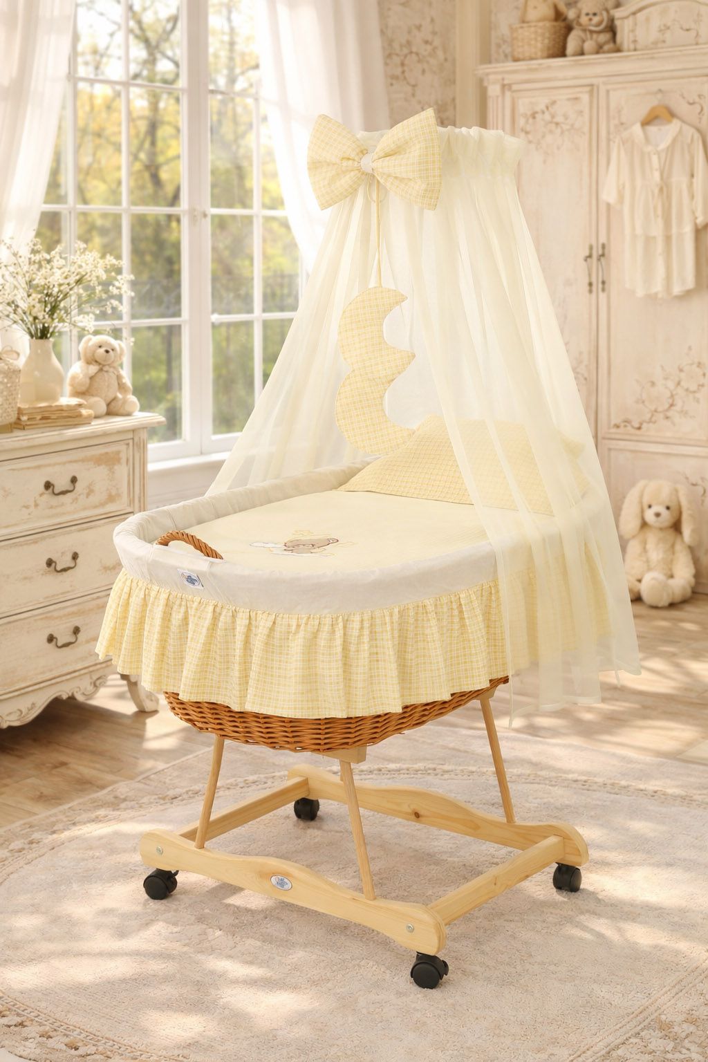 Moses Basket Wicker drape crib Good night - natural + cream bedding