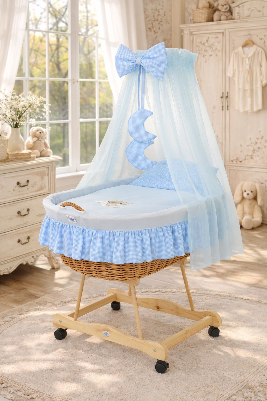 Moses Basket Wicker drape crib Good night - natural + blue bedding