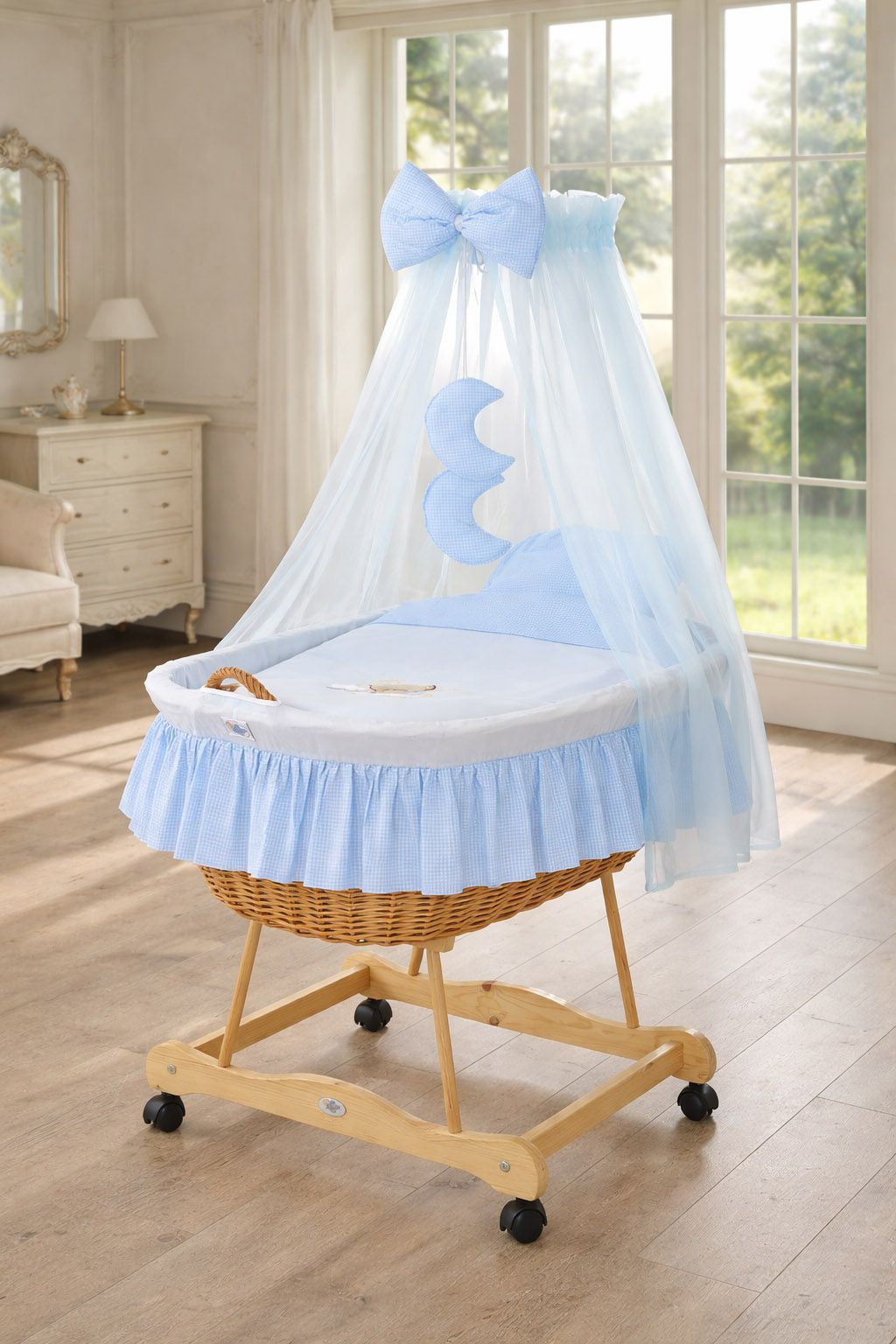 Moses Basket Wicker drape crib Good night - natural + blue bedding