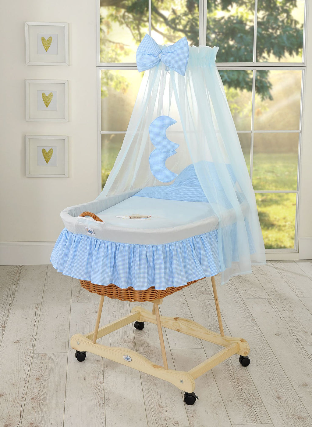 Moses Basket Wicker drape crib Good night - natural + blue bedding
