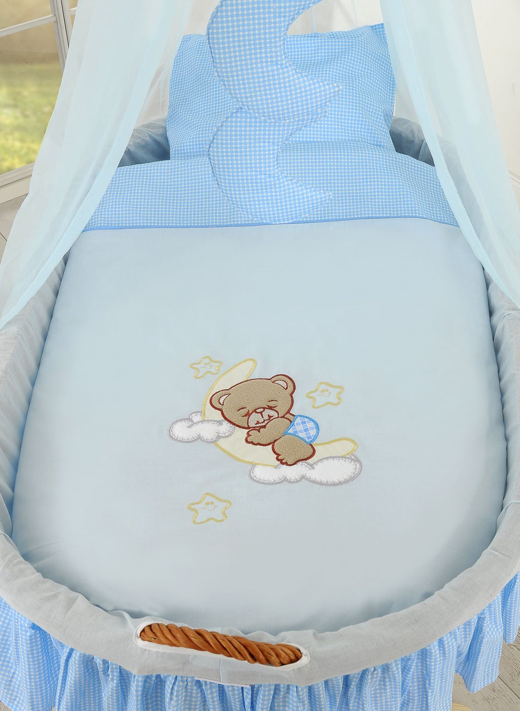 Moses Basket Wicker drape crib Good night - natural + blue bedding