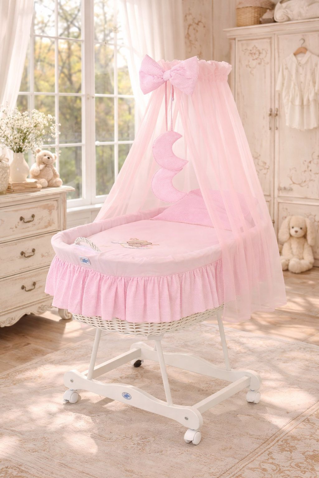 Moses Basket Wicker drape crib Good night - white + pink bedding
