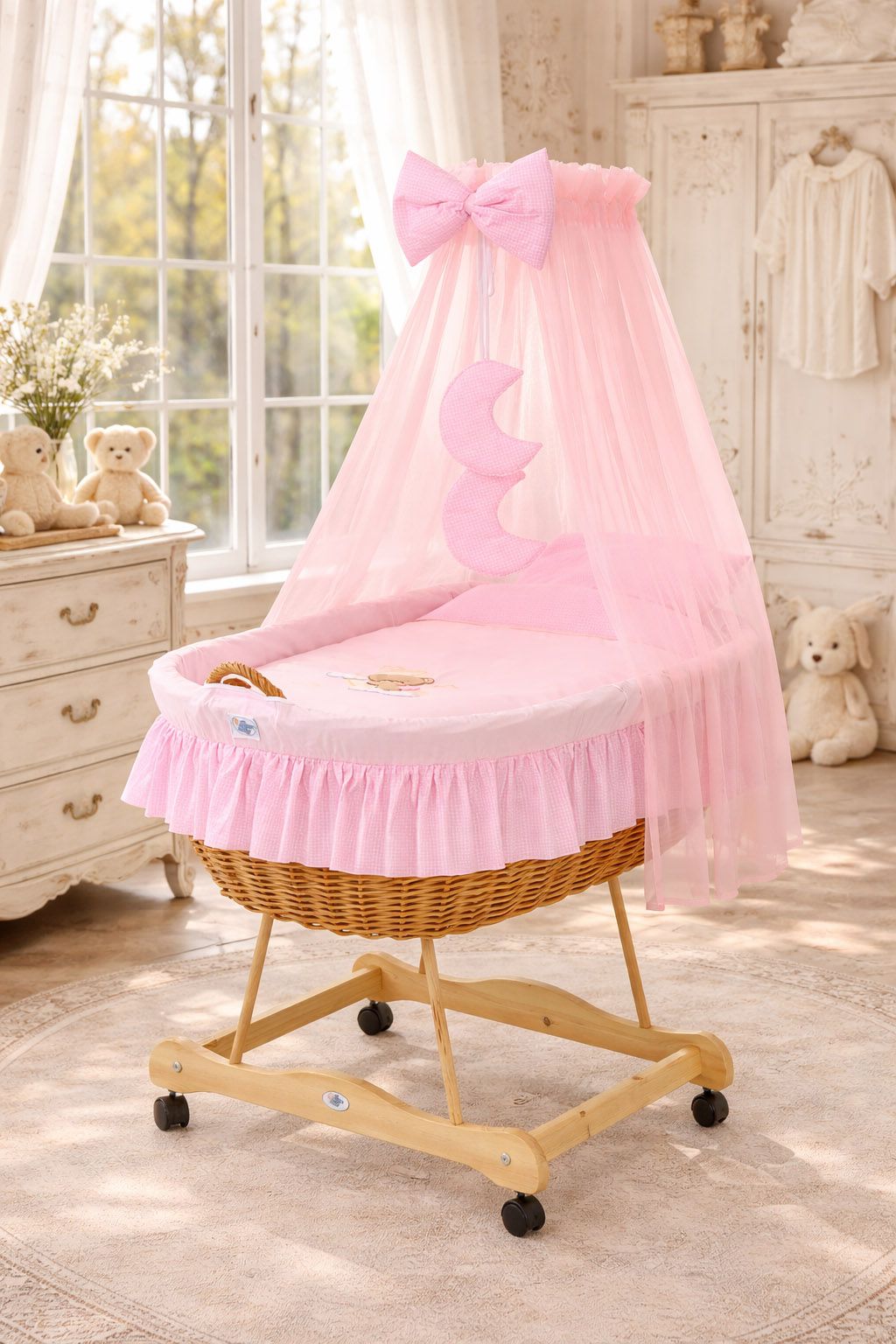 Moses Basket Wicker drape crib Good night - natural + pink bedding
