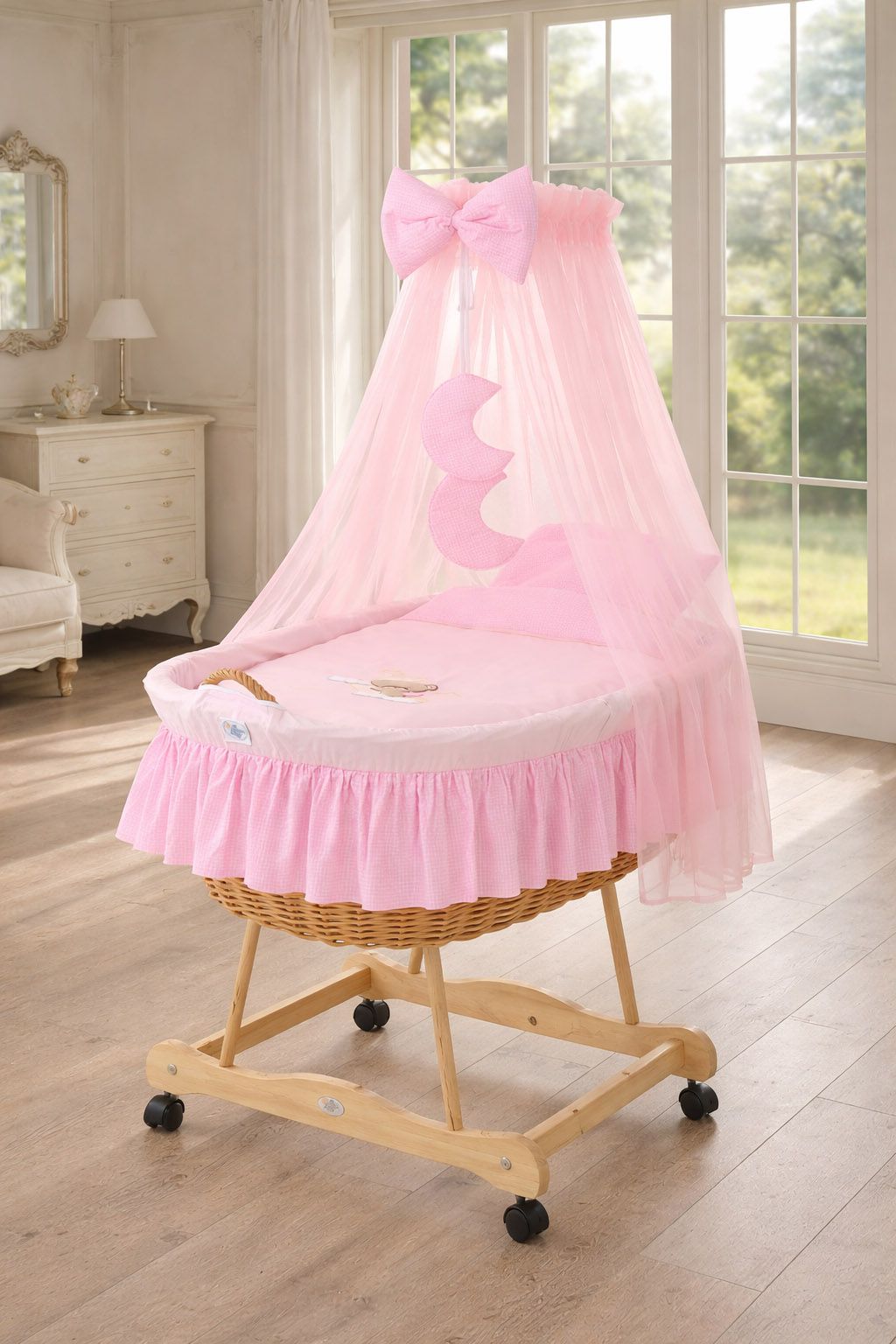 Moses Basket Wicker drape crib Good night - natural + pink bedding