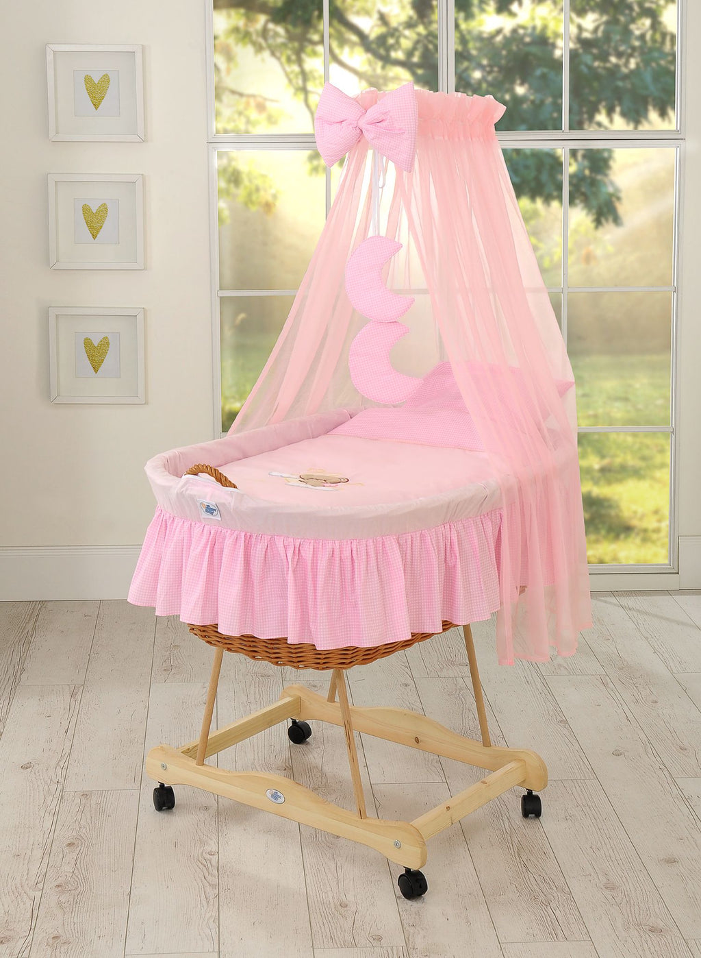 Moses Basket Wicker drape crib Good night - natural + pink bedding