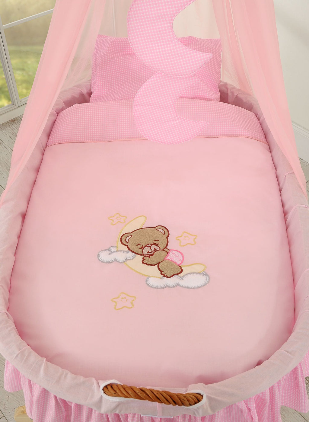 Moses Basket Wicker drape crib Good night - natural + pink bedding