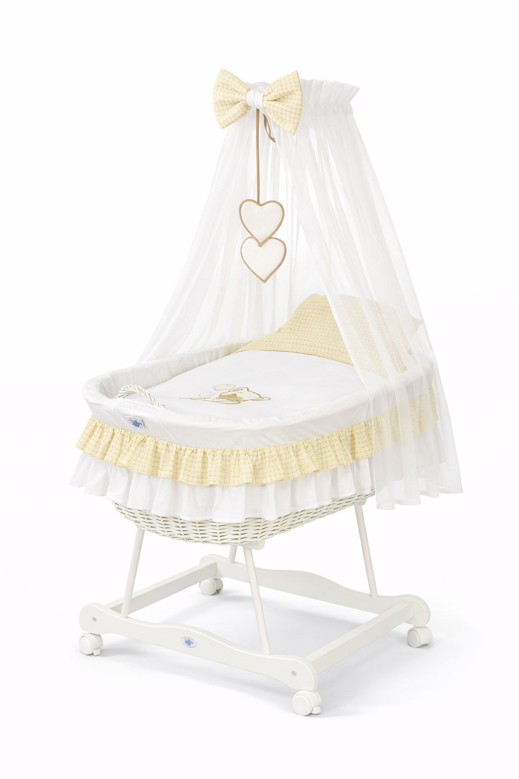 Moses Basket Wicker drape crib Bear with bow - white + white bedding
