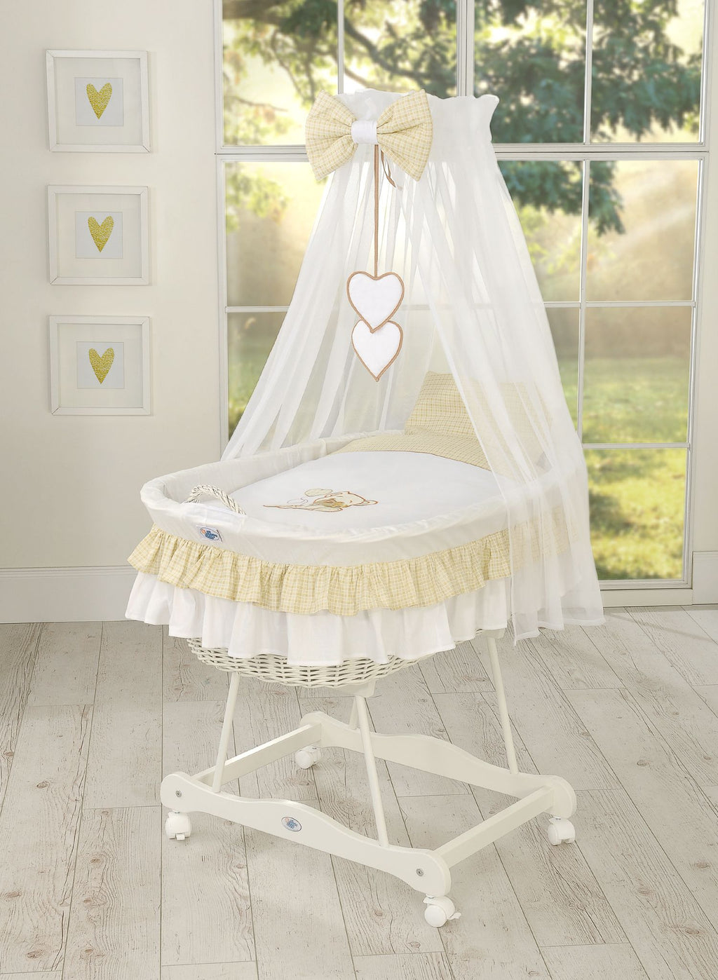Moses Basket Wicker drape crib Bear with bow - white + white bedding