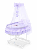 Moses Basket Wicker drape crib Bear with bow - white + lilac bedding