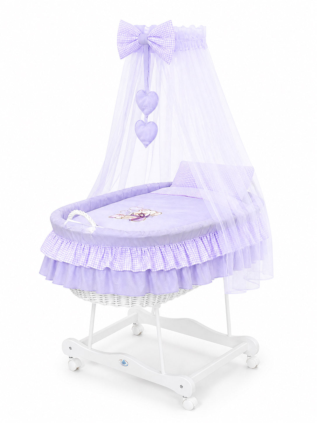 Moses Basket Wicker drape crib Bear with bow - white + lilac bedding