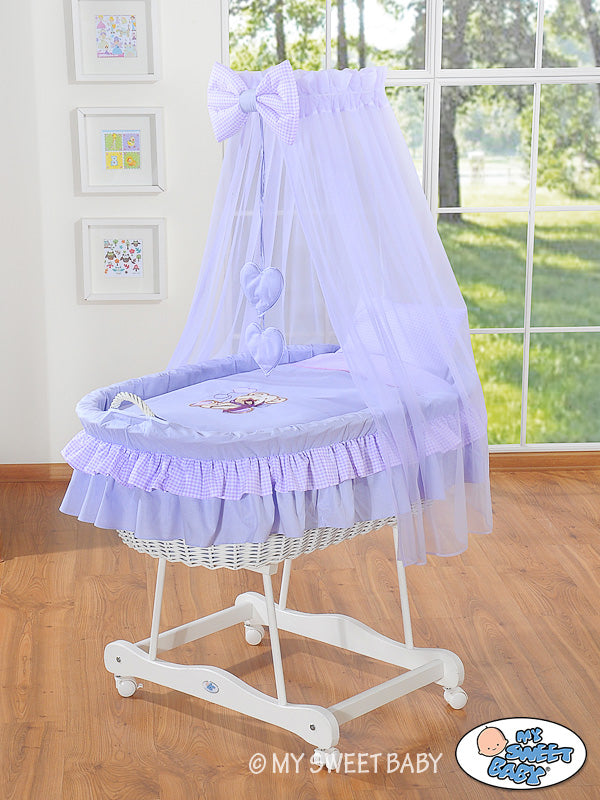 Moses Basket Wicker drape crib Bear with bow - white + lilac bedding