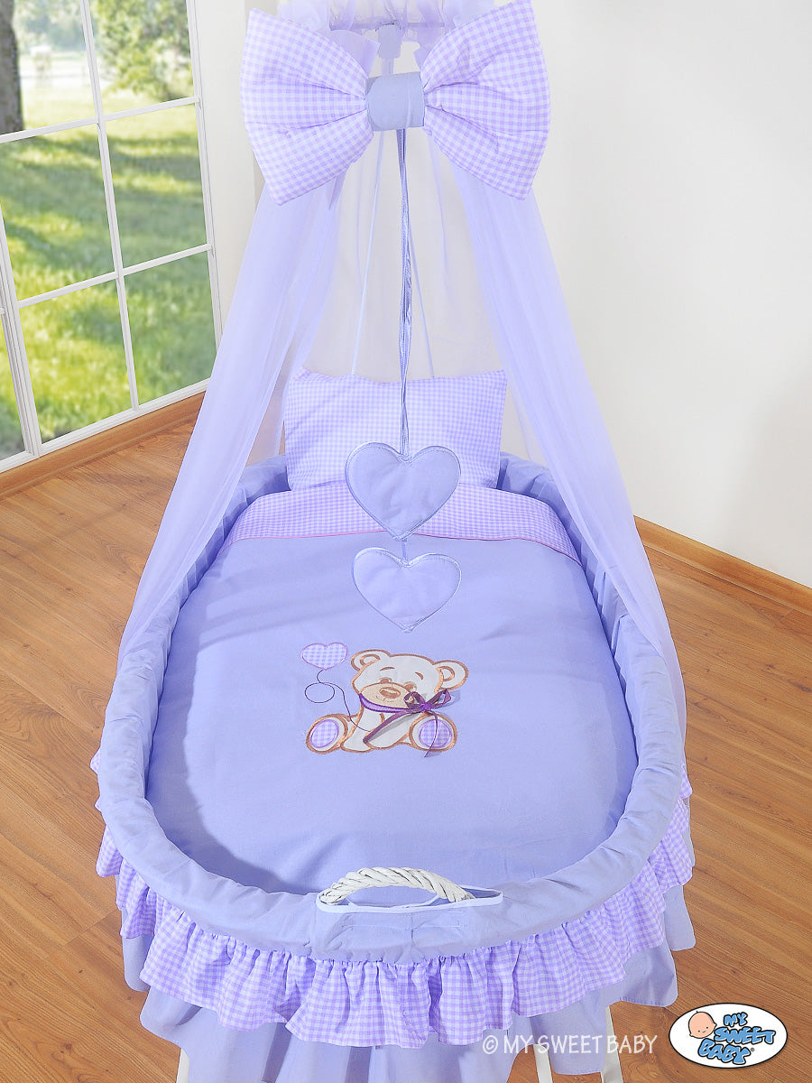 Moses Basket Wicker drape crib Bear with bow - white + lilac bedding