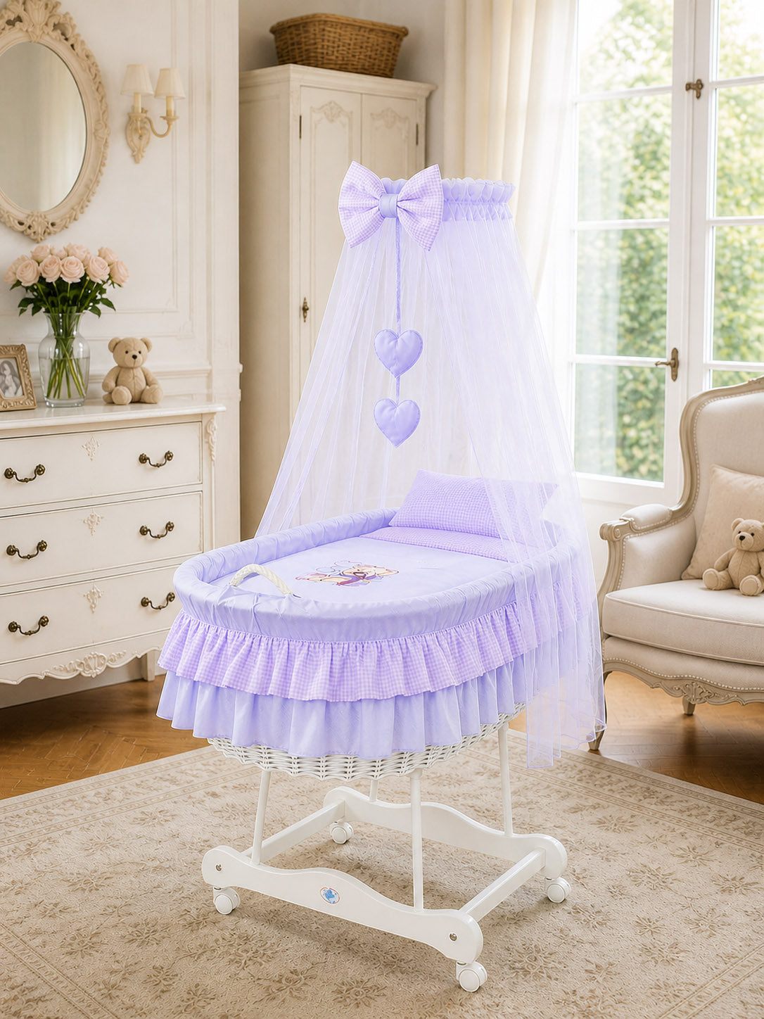 Moses Basket Wicker drape crib Bear with bow - white + lilac bedding
