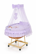 Moses Basket Wicker drape crib Bear with bow - natural + lilac bedding
