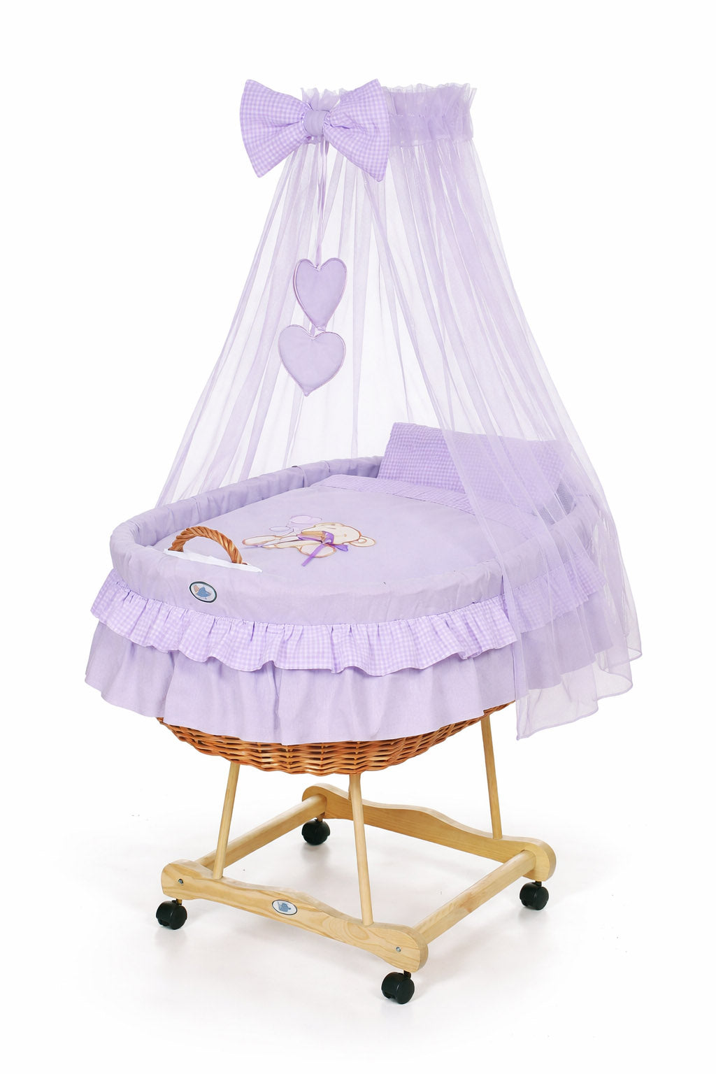 Moses Basket Wicker drape crib Bear with bow - natural + lilac bedding