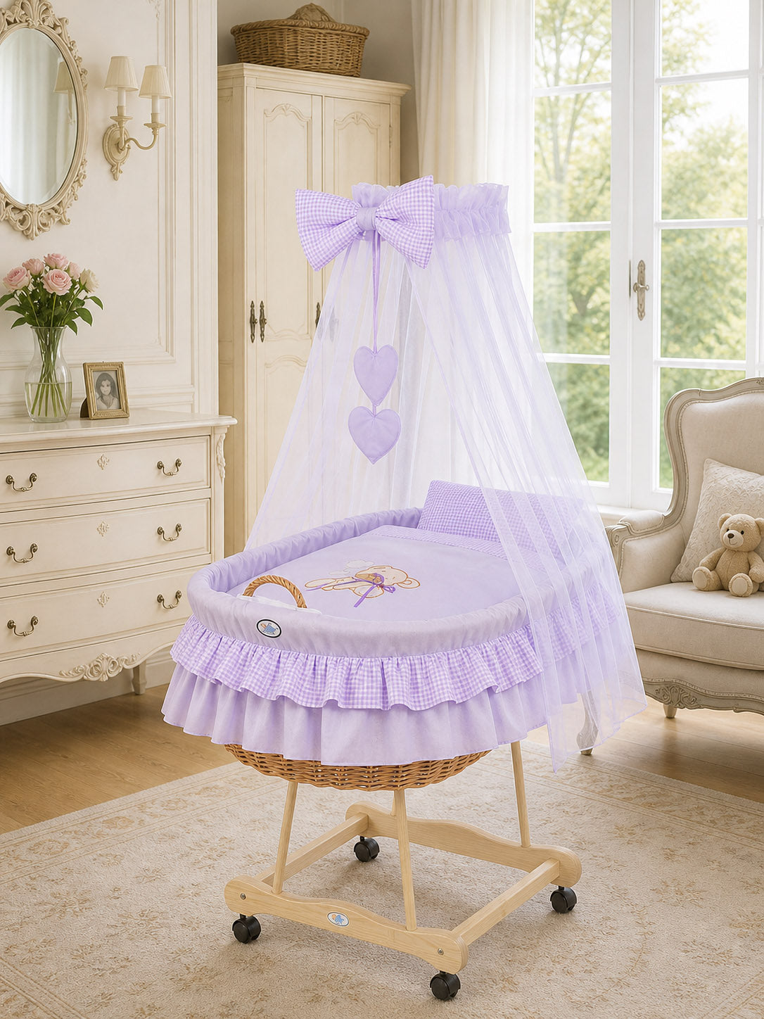 Moses Basket Wicker drape crib Bear with bow - natural + lilac bedding