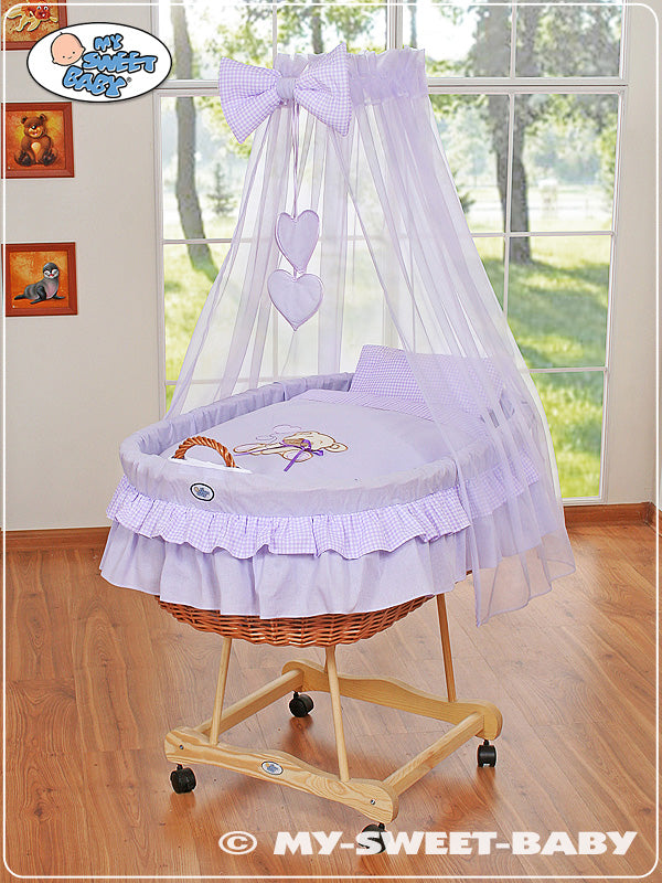 Moses Basket Wicker drape crib Bear with bow - natural + lilac bedding