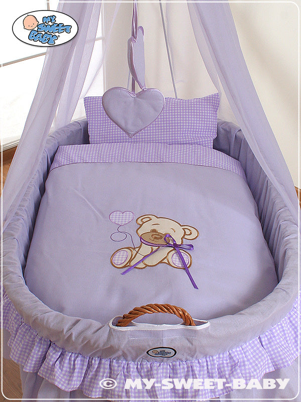 Moses Basket Wicker drape crib Bear with bow - natural + lilac bedding