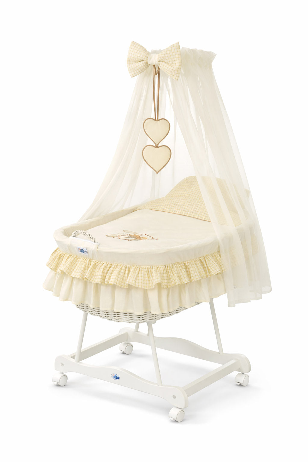 Moses Basket Wicker drape crib Bear with bow - white + cream bedding