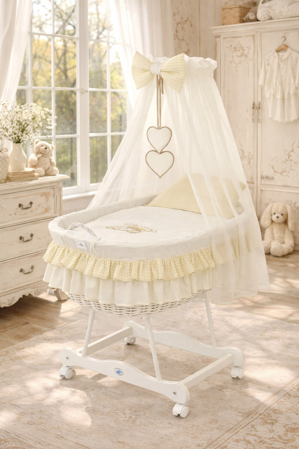 Moses Basket Wicker drape crib Bear with bow - white + cream bedding