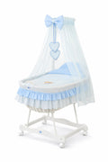 Moses Basket Wicker drape crib Bear with bow - white + blue bedding