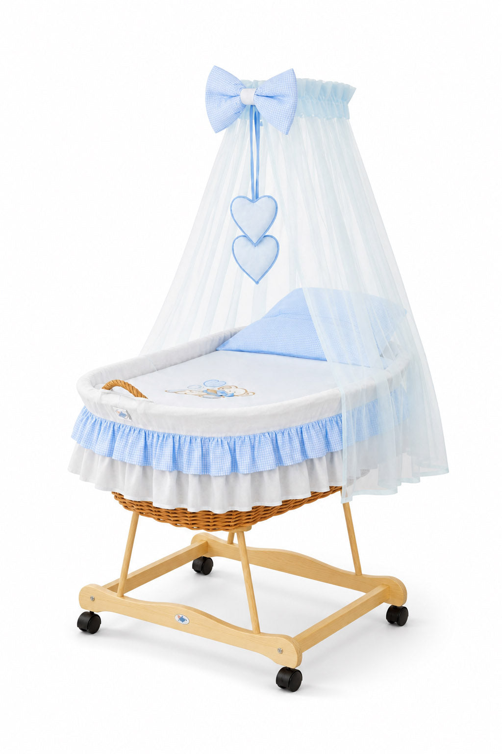 Moses Basket Wicker drape crib Bear with bow - natural + blue bedding