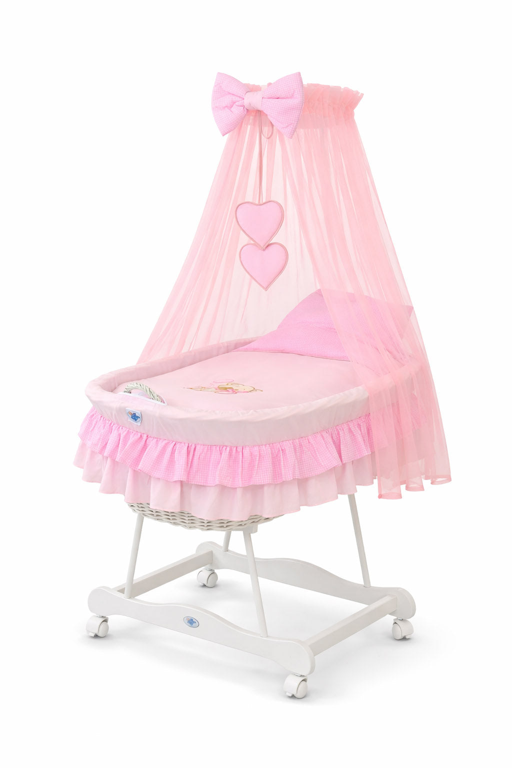 Moses Basket Wicker drape crib Bear with bow - white + pink bedding