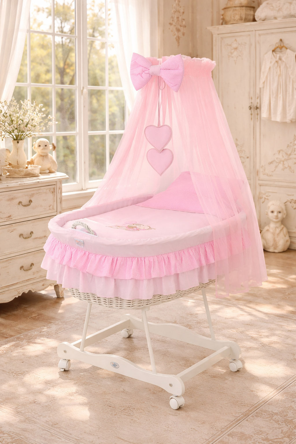 Moses Basket Wicker drape crib Bear with bow - white + pink bedding