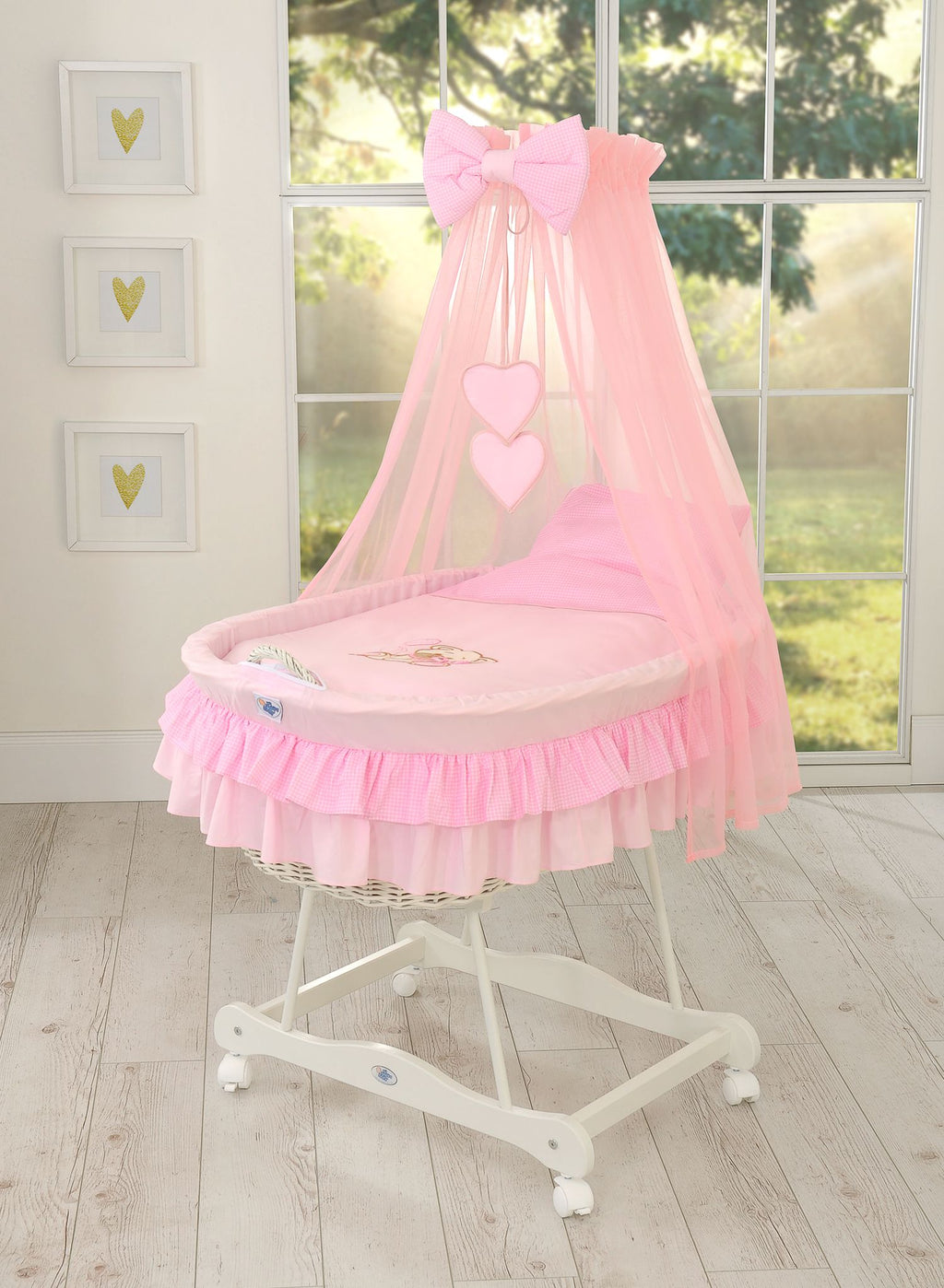Moses Basket Wicker drape crib Bear with bow - white + pink bedding