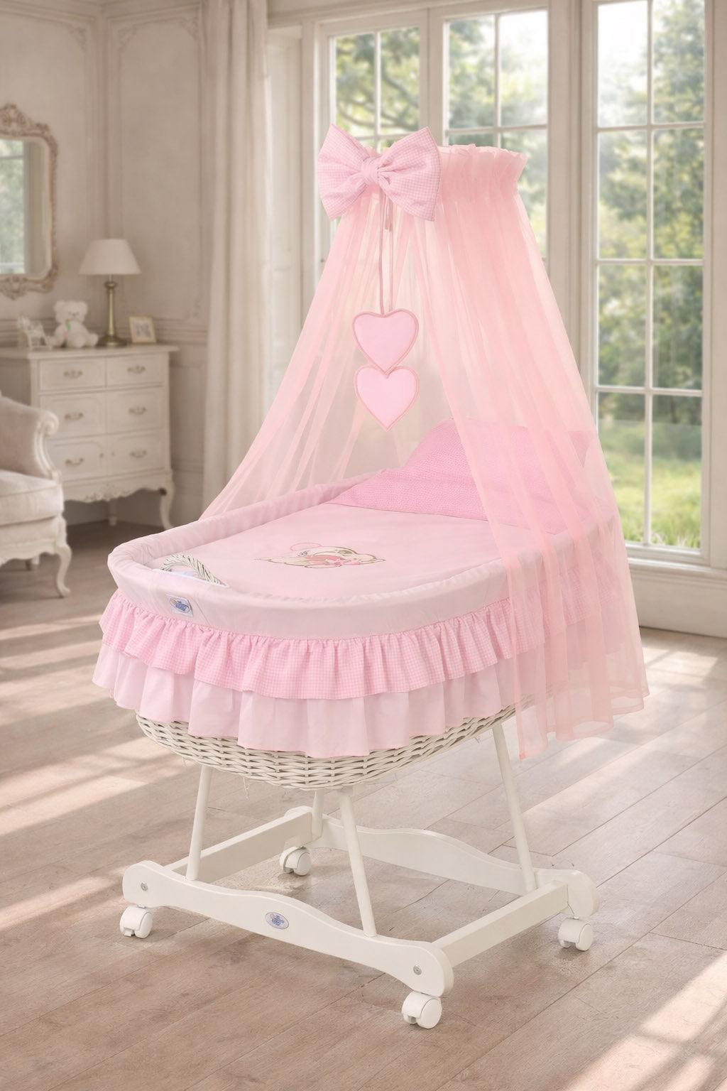 Moses Basket Wicker drape crib Bear with bow - white + pink bedding