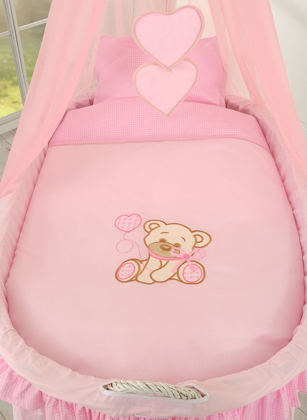 Moses Basket Wicker drape crib Bear with bow - white + pink bedding