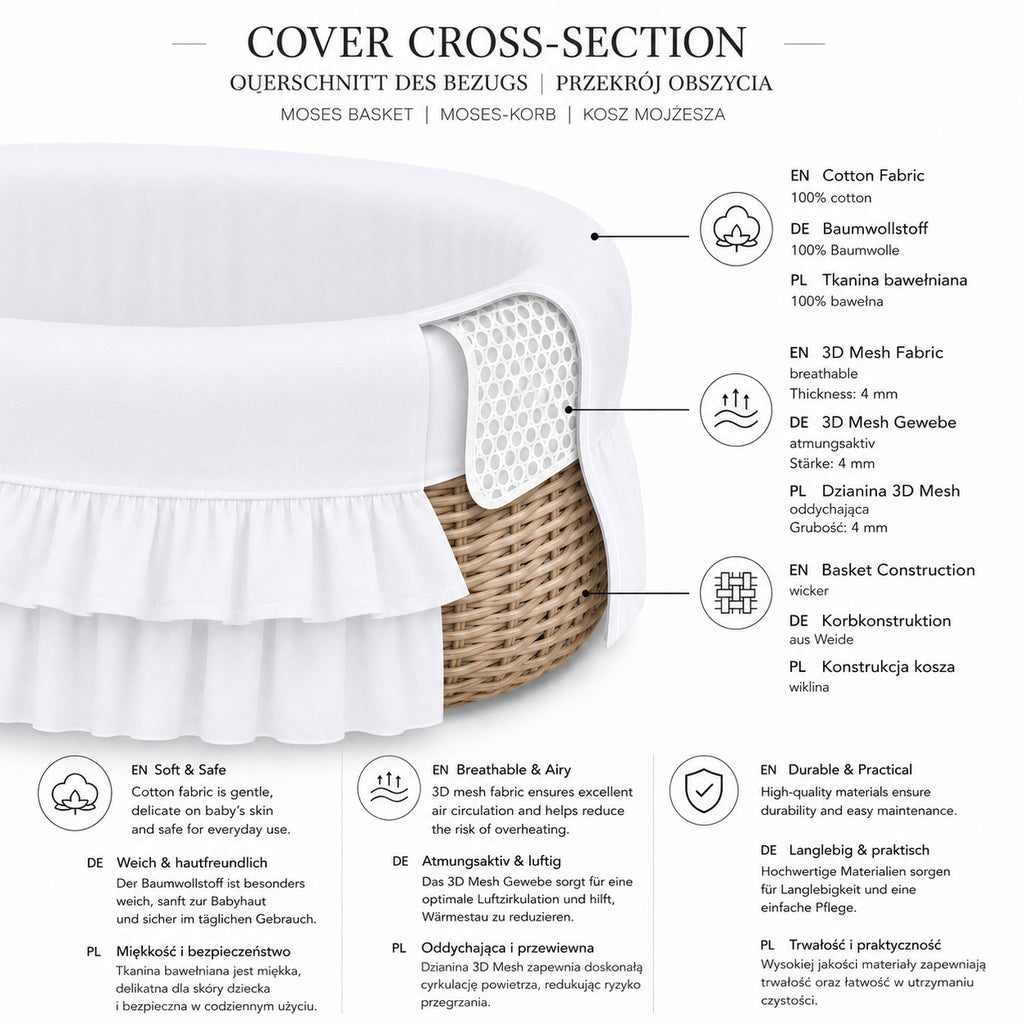 Moses Basket Wicker hood crib Retro wicker crib Victoria - natural + pink bedding