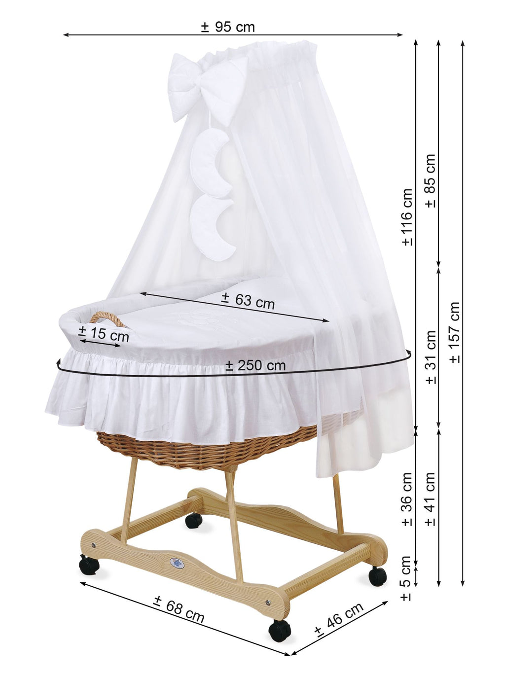 Moses Basket Wicker drape crib Bear with bow - white + lilac bedding