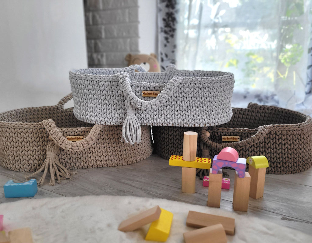 Moses basket BOHO cotton doll carrier with cradle - light grey