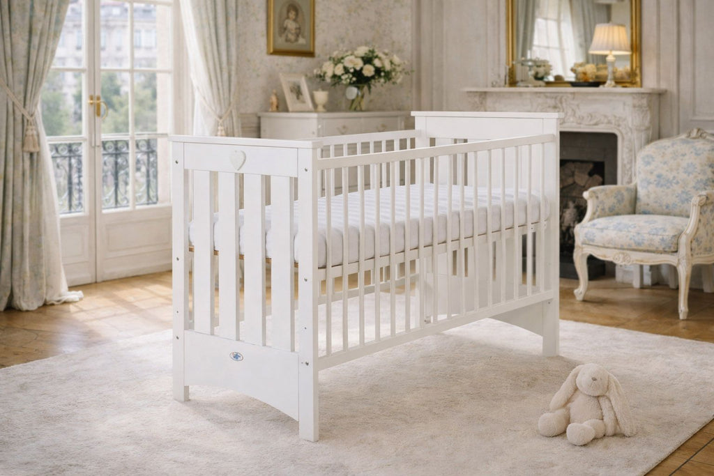 Wooden baby cot 120x60cm Lorenzo III white, with teething rail