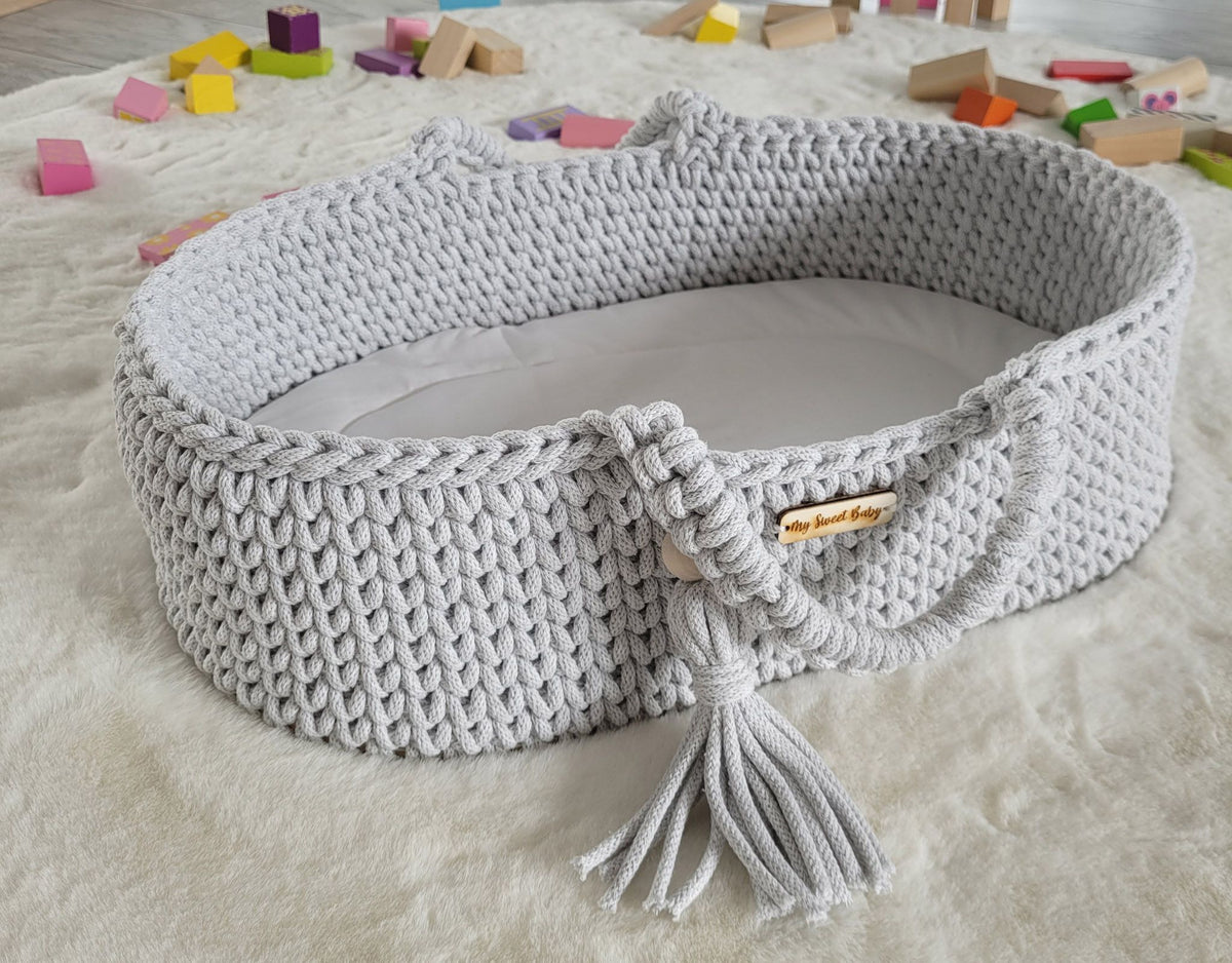 Moses basket BOHO cotton doll carrier with cradle - light grey